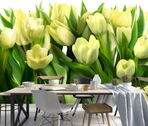 Фотообои белые тюльпаны в интерьере кухни, столовой